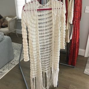 Free People Long Fringe Crochet Cardigan